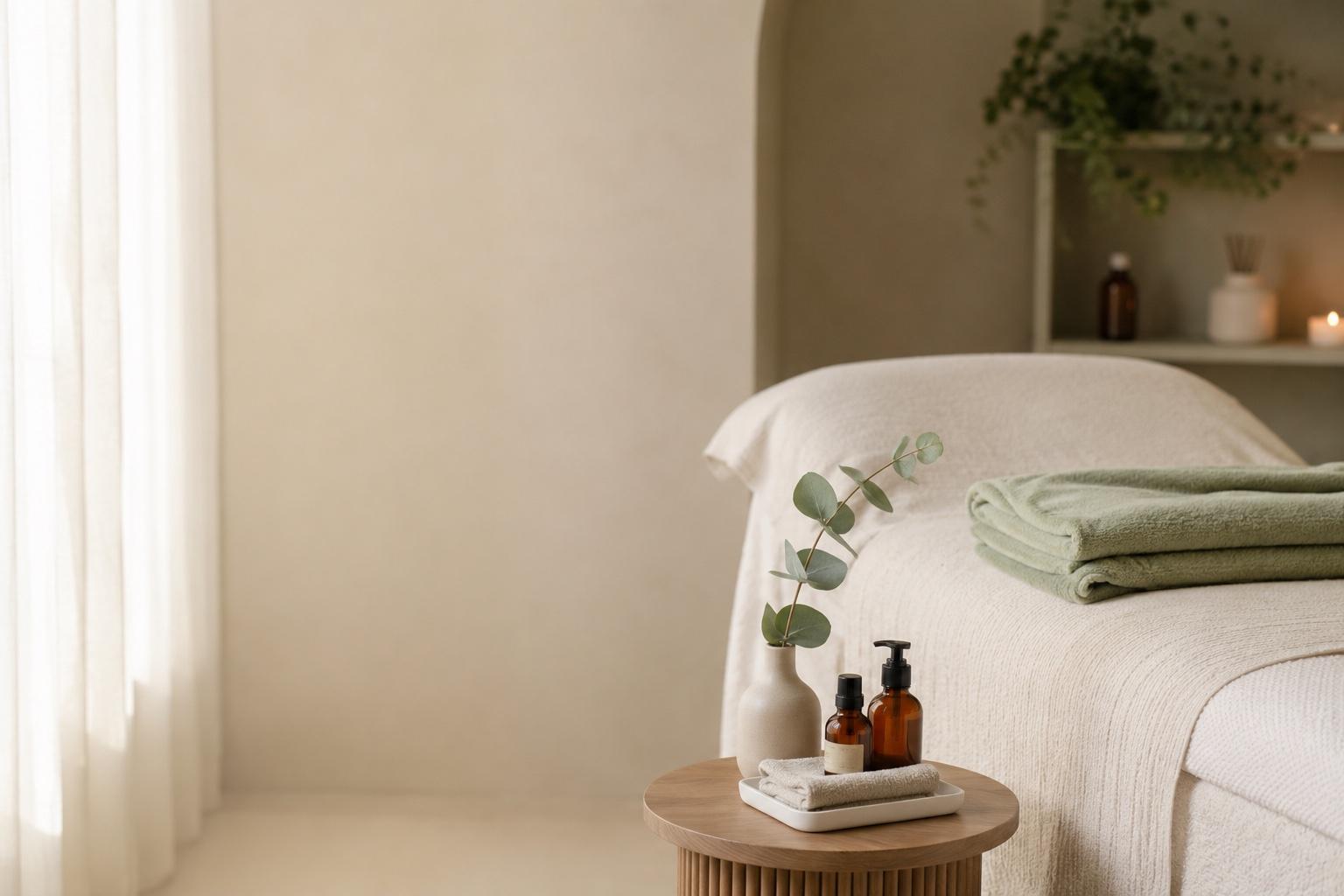 The interior of a warm, premium aesthetics studio with a treatment bed and folded sage towel