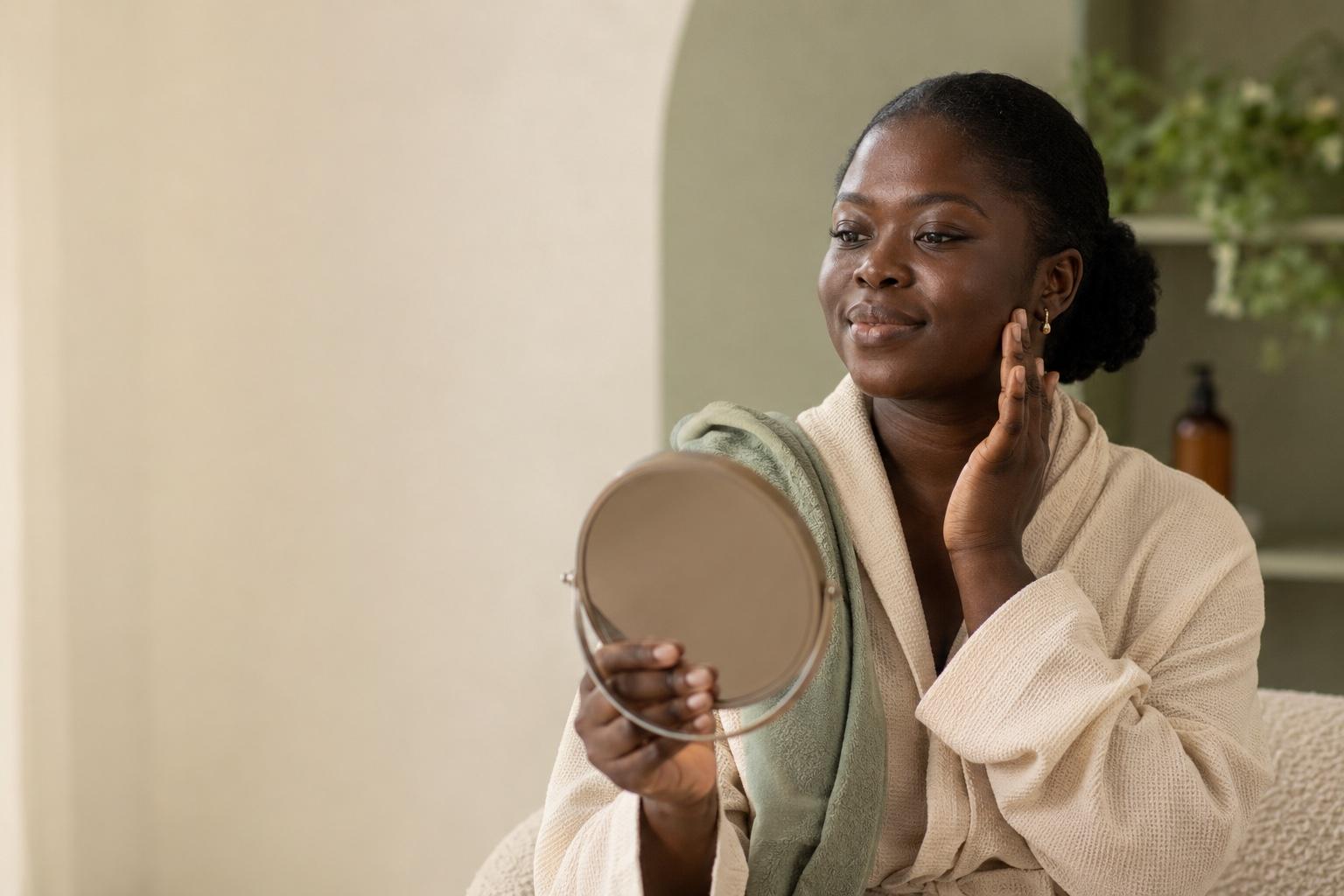 A Ghanaian woman in a cream robe holding a mirror in a calm Oyarifa aesthetics studio