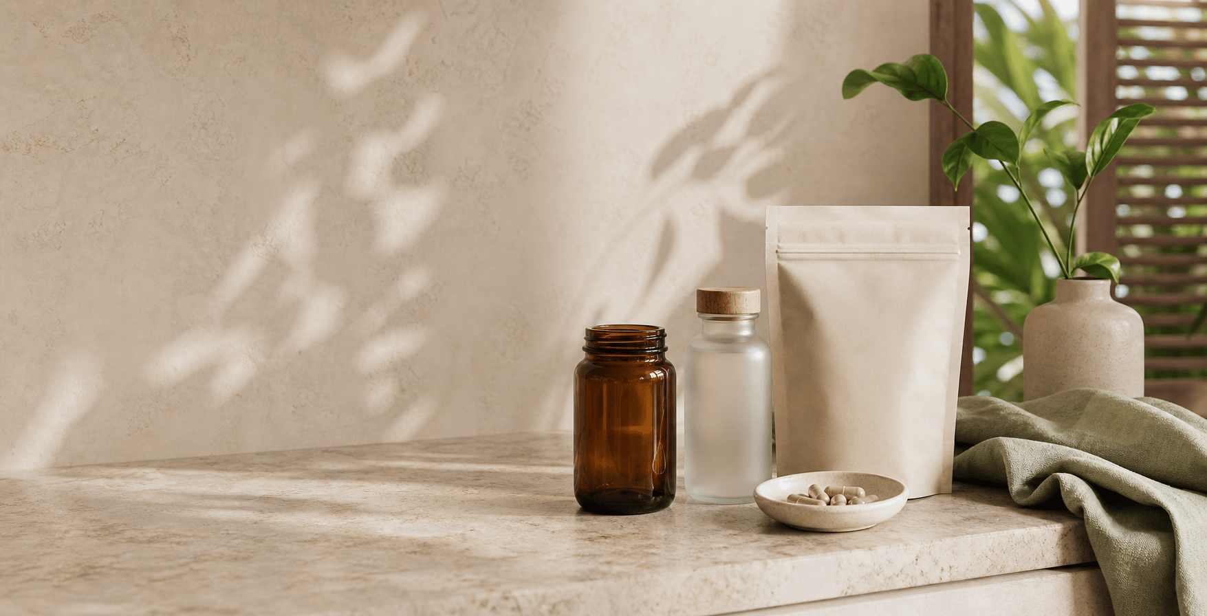 Wellness bottles and capsules on a warm stone counter in natural window light