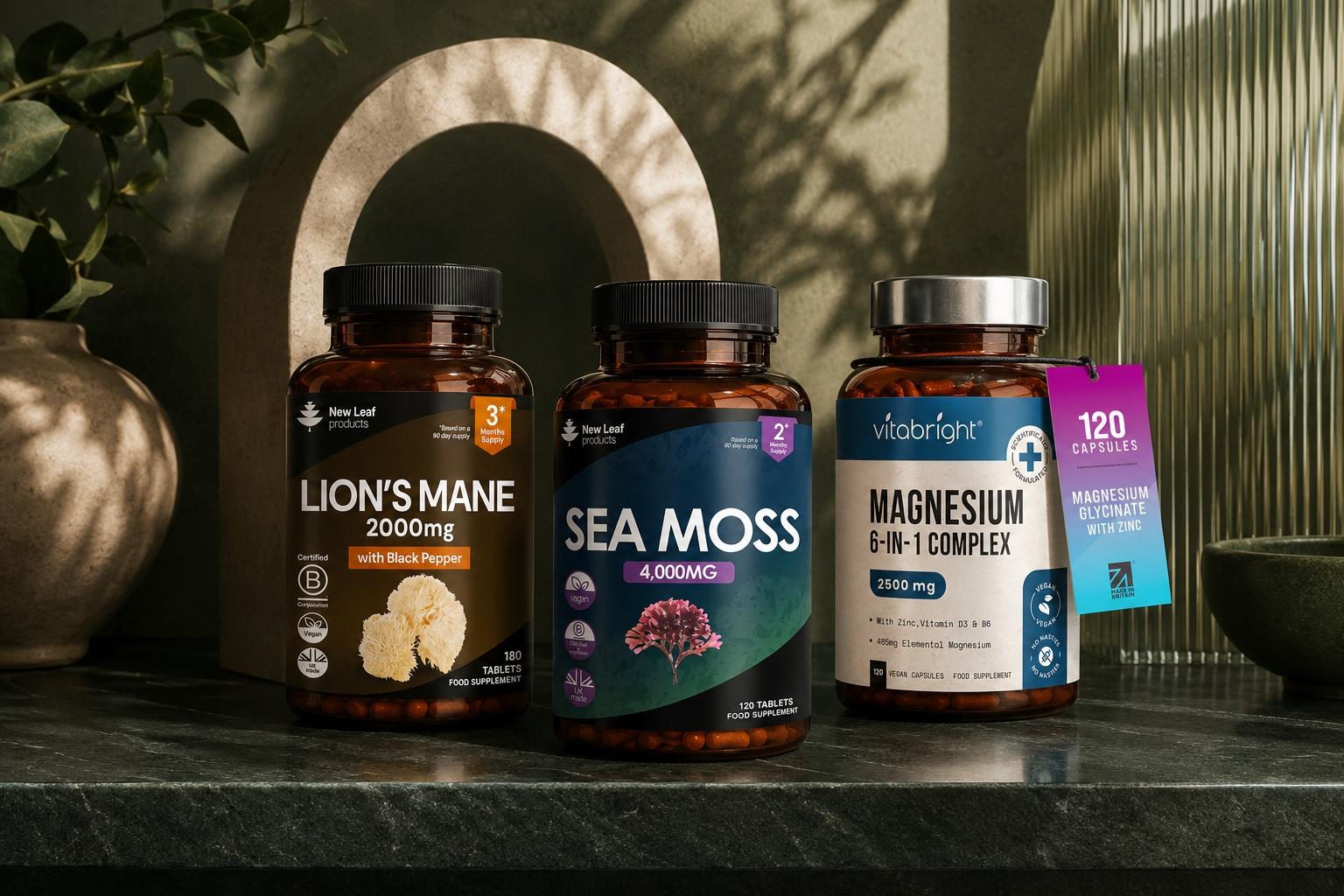 Lion's mane, sea moss and magnesium arranged together in the Shezuri green apothecary