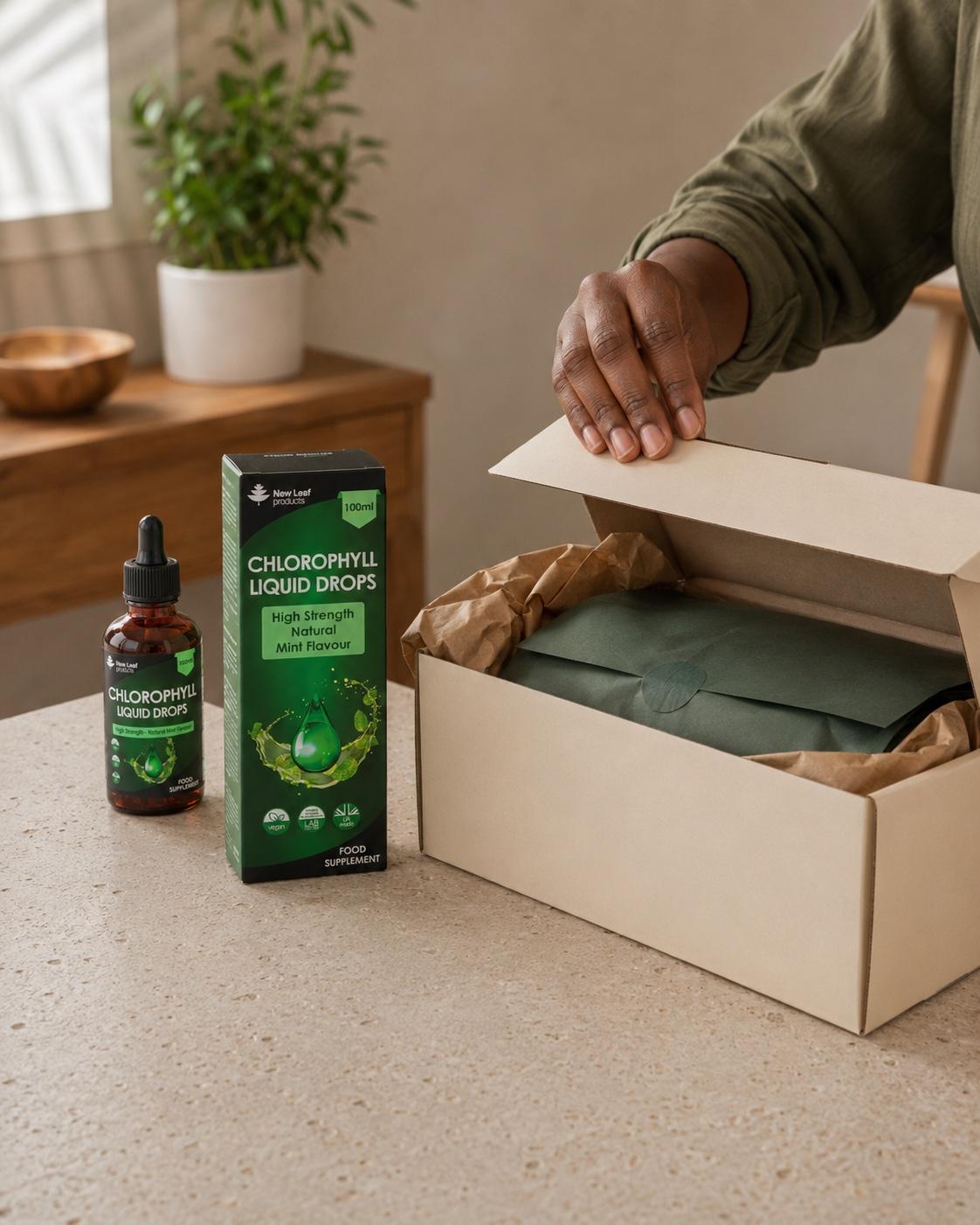 New Leaf Chlorophyll Liquid Drops in its original packaging being prepared for delivery