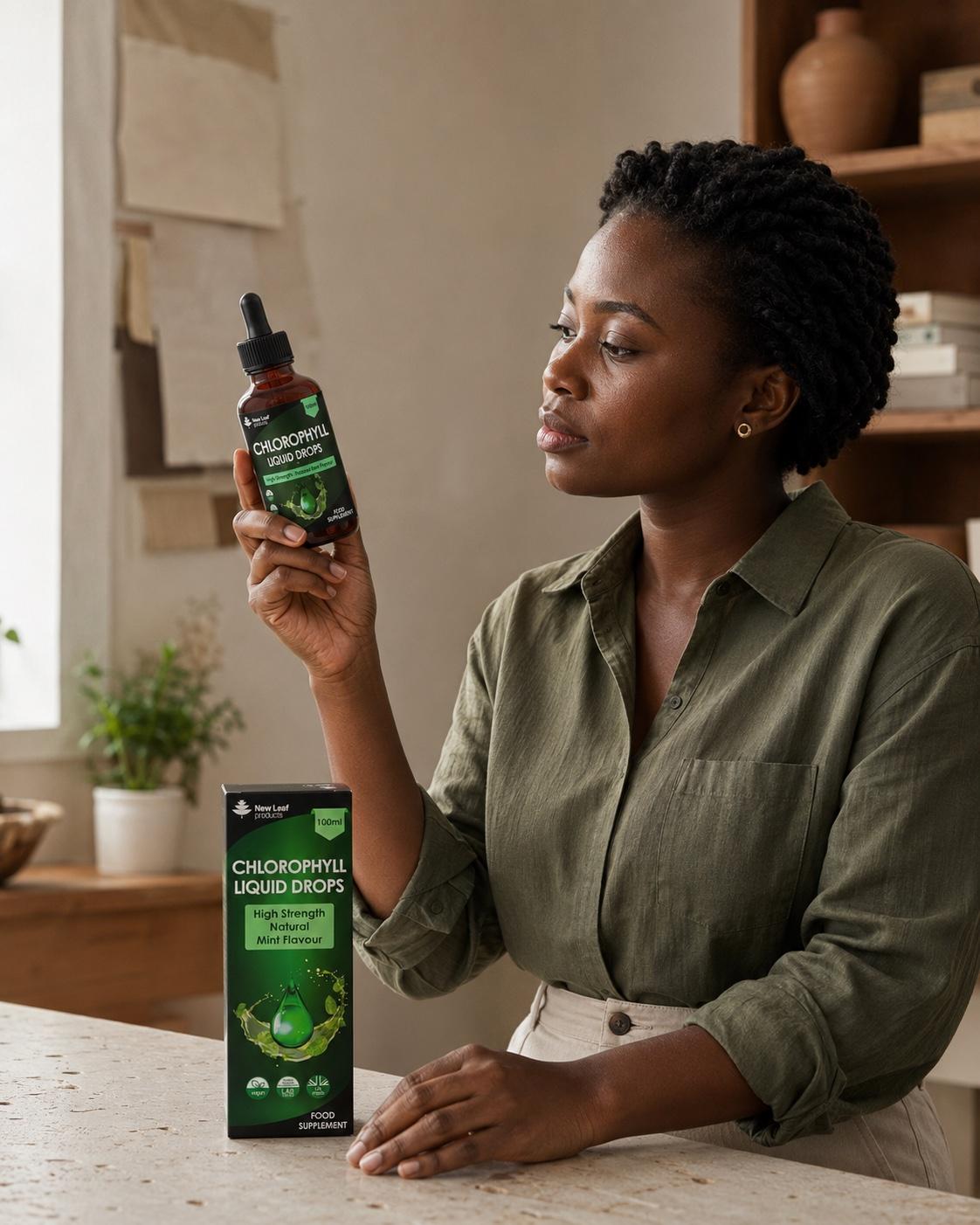 Ghanaian woman examining a sealed New Leaf Chlorophyll Liquid Drops bottle