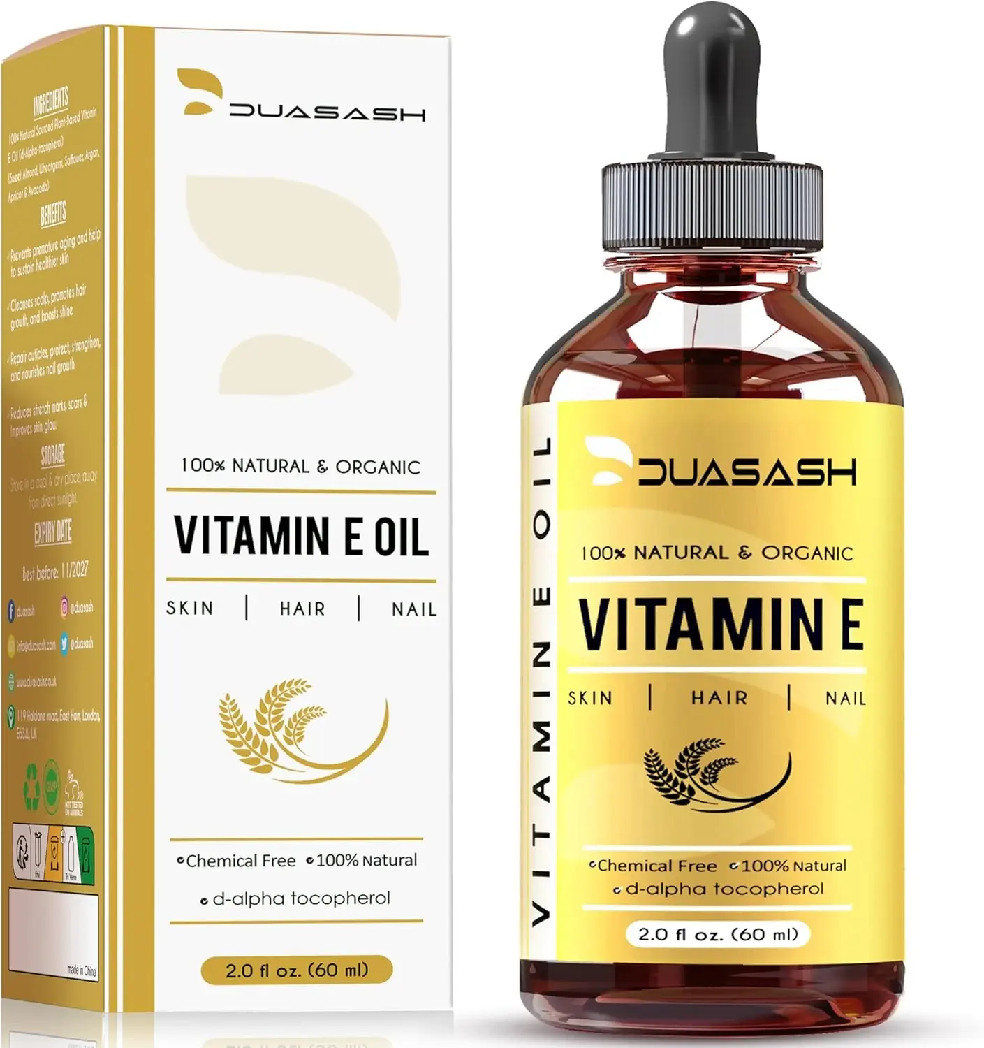 Vitamin E Oil for Skin & Face — Naturally Sourced Plant-Based Organic 100% Pure, for Hair Growth