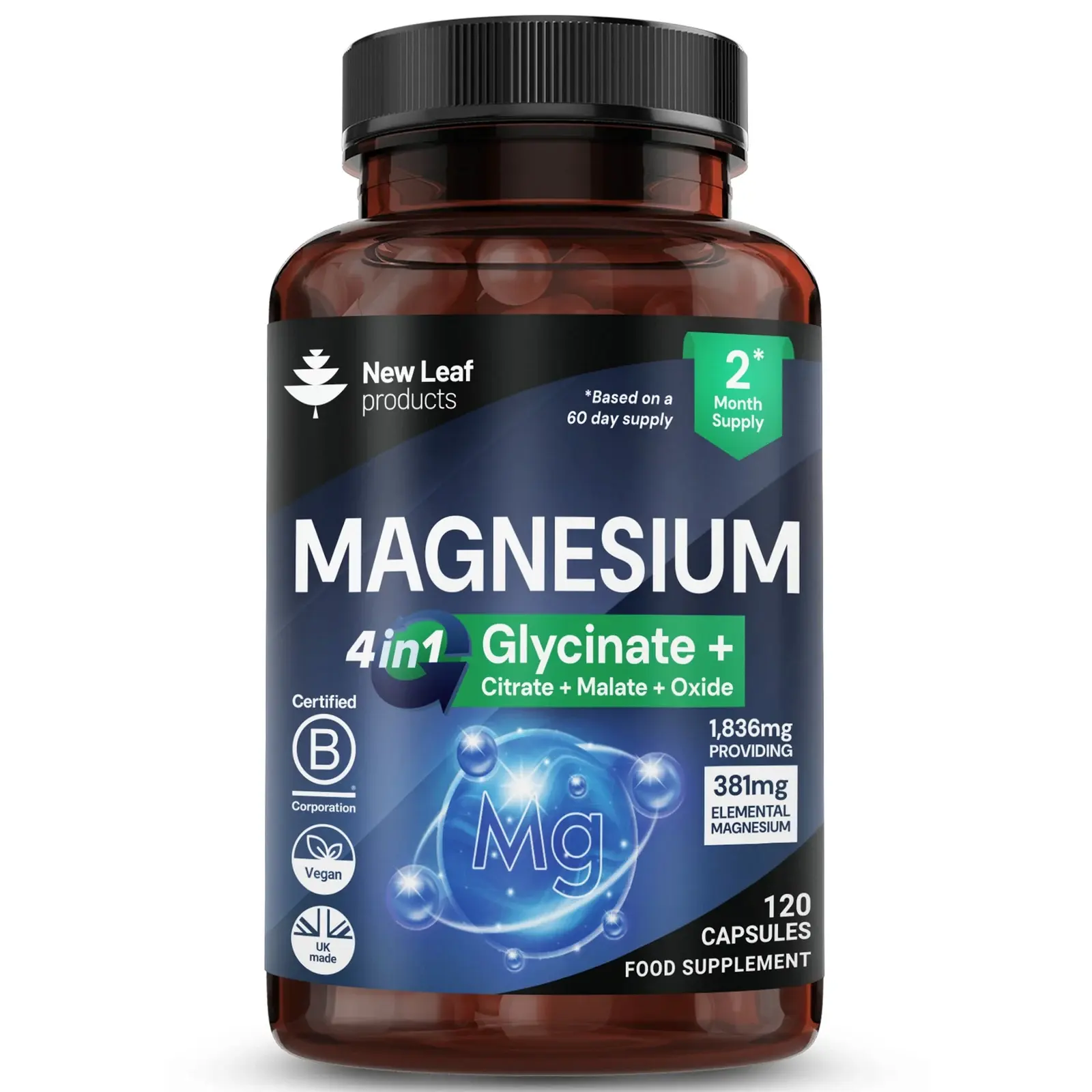 Magnesium Glycinate 4-in-1 Complex 2000mg — 449mg Elemental — Bisglycinate, Citrate, Malate, Oxide — 120 Capsules — Vegan