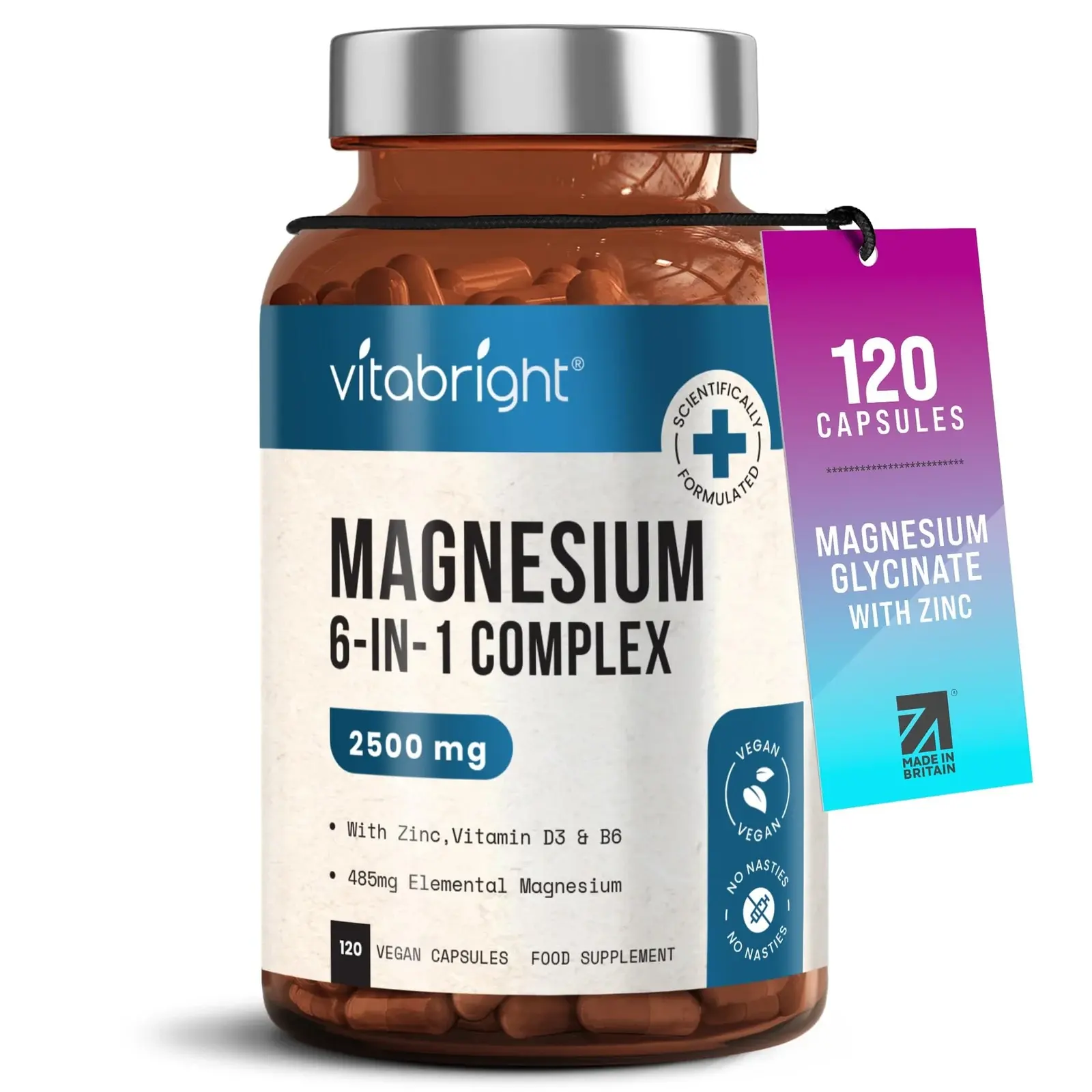Magnesium Glycinate 6-in-1 Complex 2500mg — 485mg Elemental — with Zinc, Vitamin D3 & B6 — Citrate, Bisglycinate, Malate
